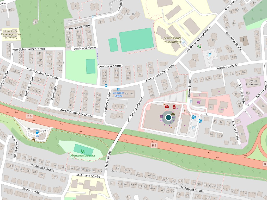 Kartenausschnitt: Erfurter Straße 4–6 in Andernach, markiert zwischen B9 und Kurt-Schumacher-Straße