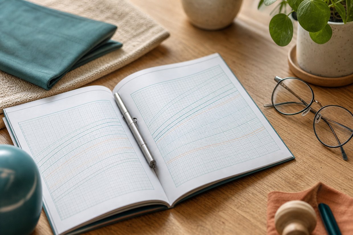 Aufgeschlagenes Untersuchungsheft mit Wachstumskurven auf einem Holztisch, daneben Stift und Brille