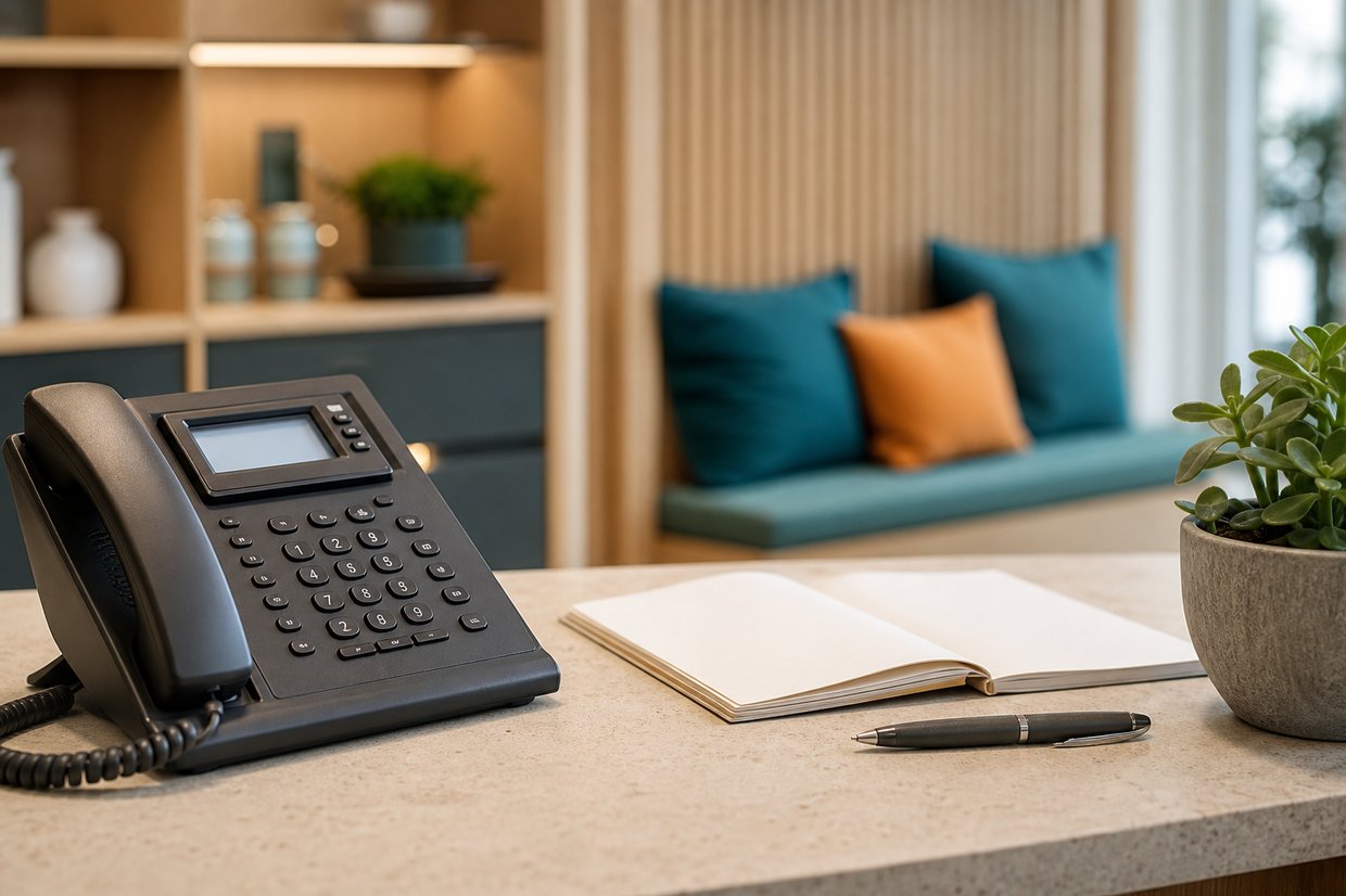 Empfangstresen der Praxis mit Telefon, aufgeschlagenem Terminbuch und Stift, dahinter die Wartebank